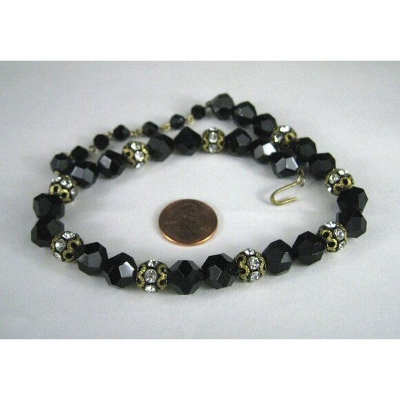 Necklace Plastic Faceted Beads Rhinestones 12 In Choker Goldtone Collar Vintage - Picture 5 of 9